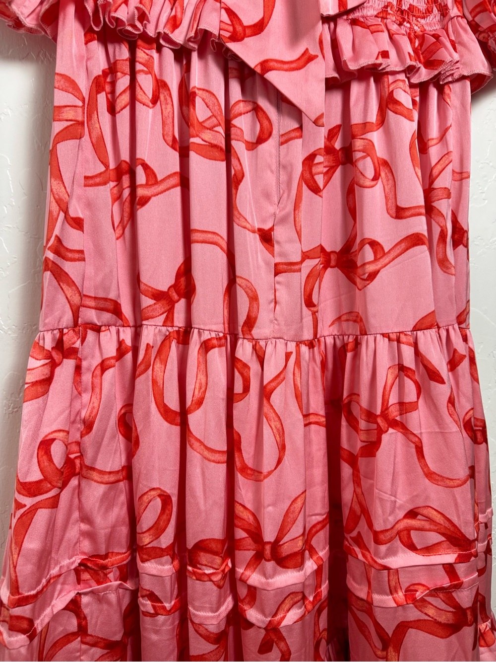 Ivy City Co Pink and Red Ribbon and Bow Print Ruffle Tiered Maxi Dress - Picture 13 of 14